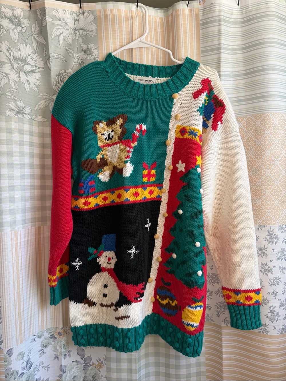 Whimsical Holiday Crewneck Sweater in Green, Red & Cream